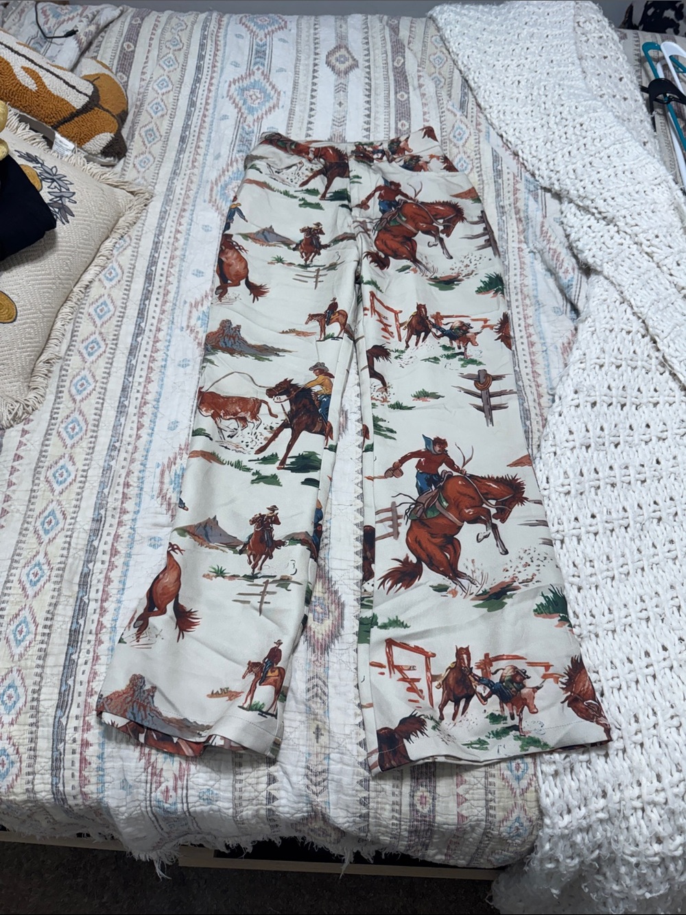 Womens Western Print Wide-Leg Pants - Cream with Brown Horse Motif